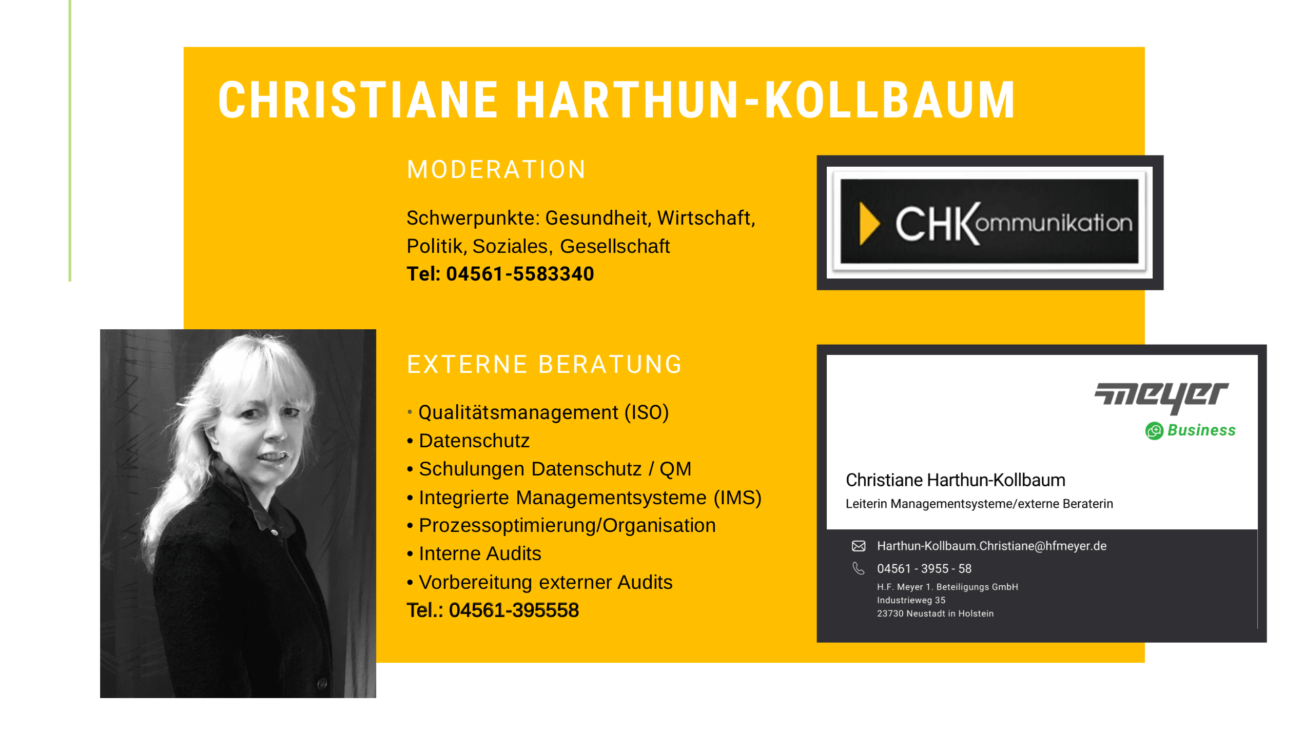 Visitenkarte von Christiane Harthun-Kollbaum, CHKommunikation, Leiterin Qualitätsmanagement H. F. Meyer GmbH & Co. KG
